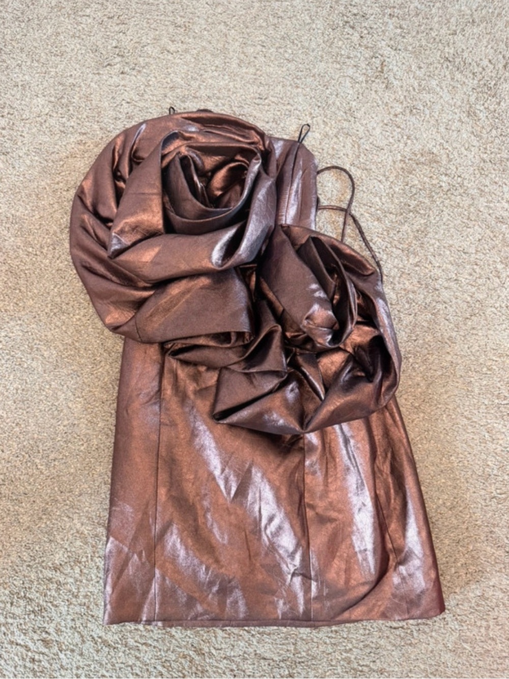 Zara Metallic Bronze Strapless Dress with Rosette Details